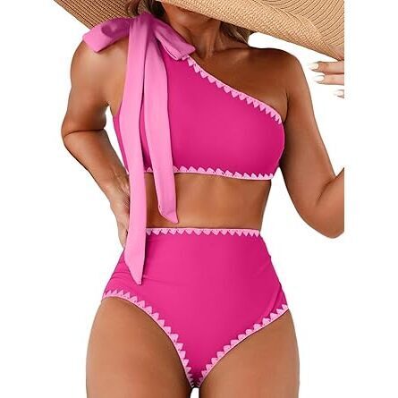 Women's Hot Pink Bikini Sets 2 Piece One Bow Shoulder Padded Cute Swim Suit Cut